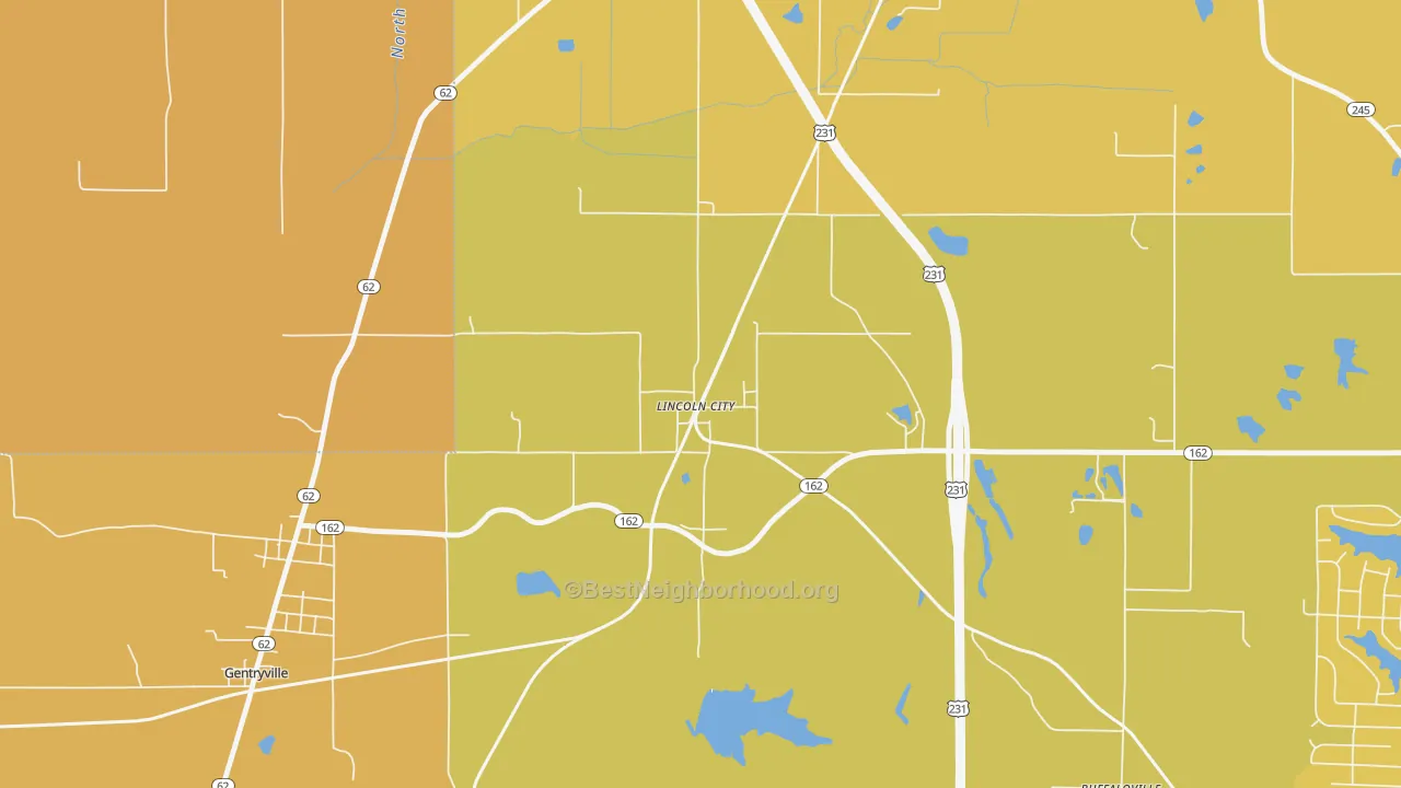 Map of the best neighborhoods in the 47552 area, with better matches in green and worse matches in red