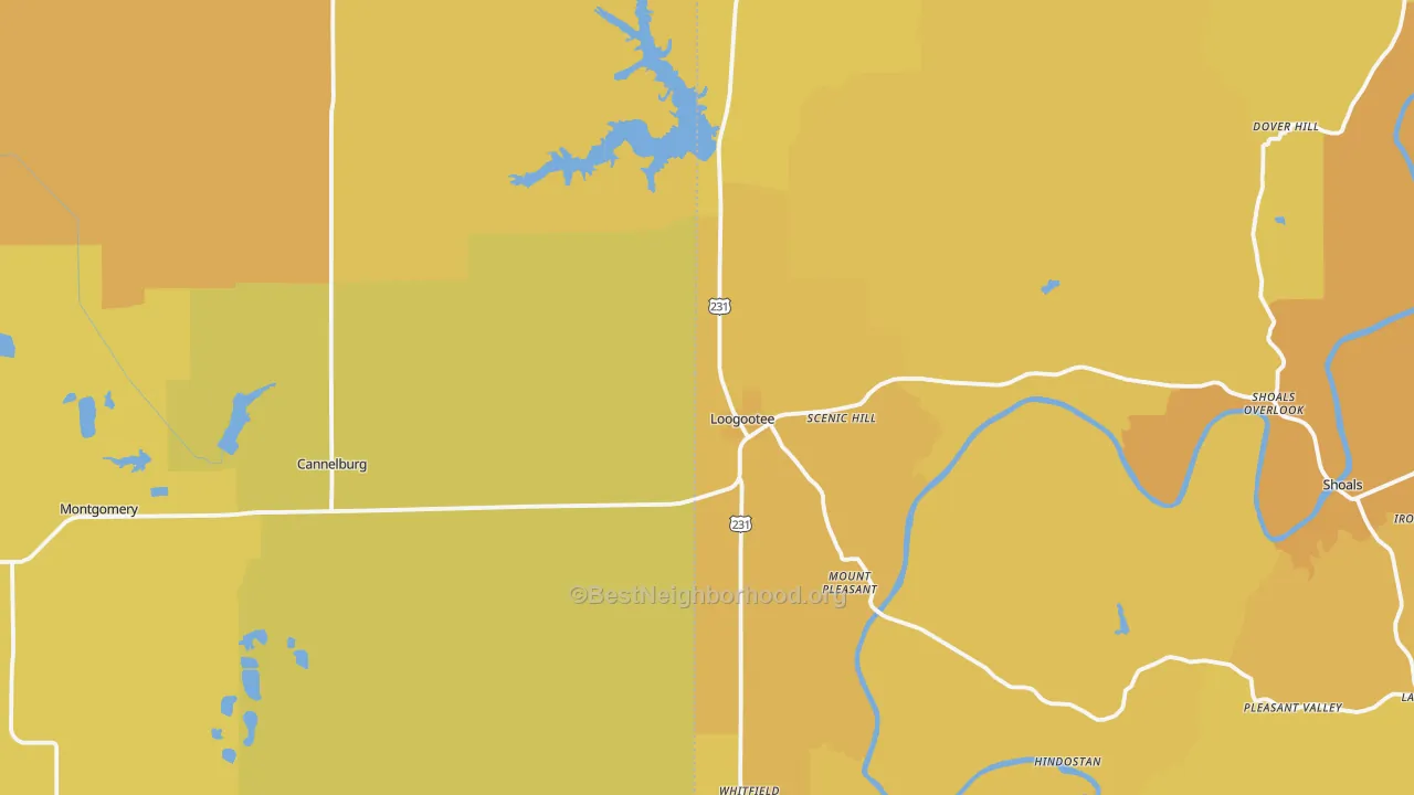 Map of the best neighborhoods in the 47553 area, with better matches in green and worse matches in red