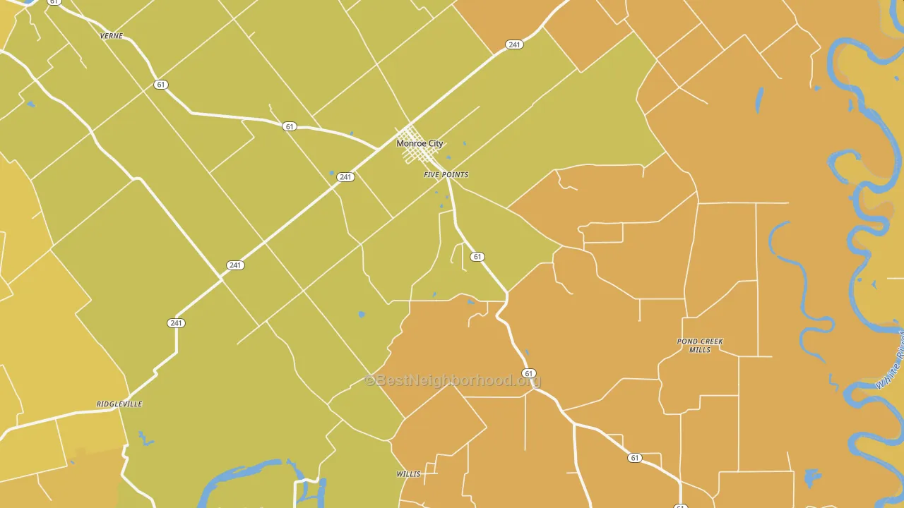 Map of the best neighborhoods in the 47557 area, with better matches in green and worse matches in red