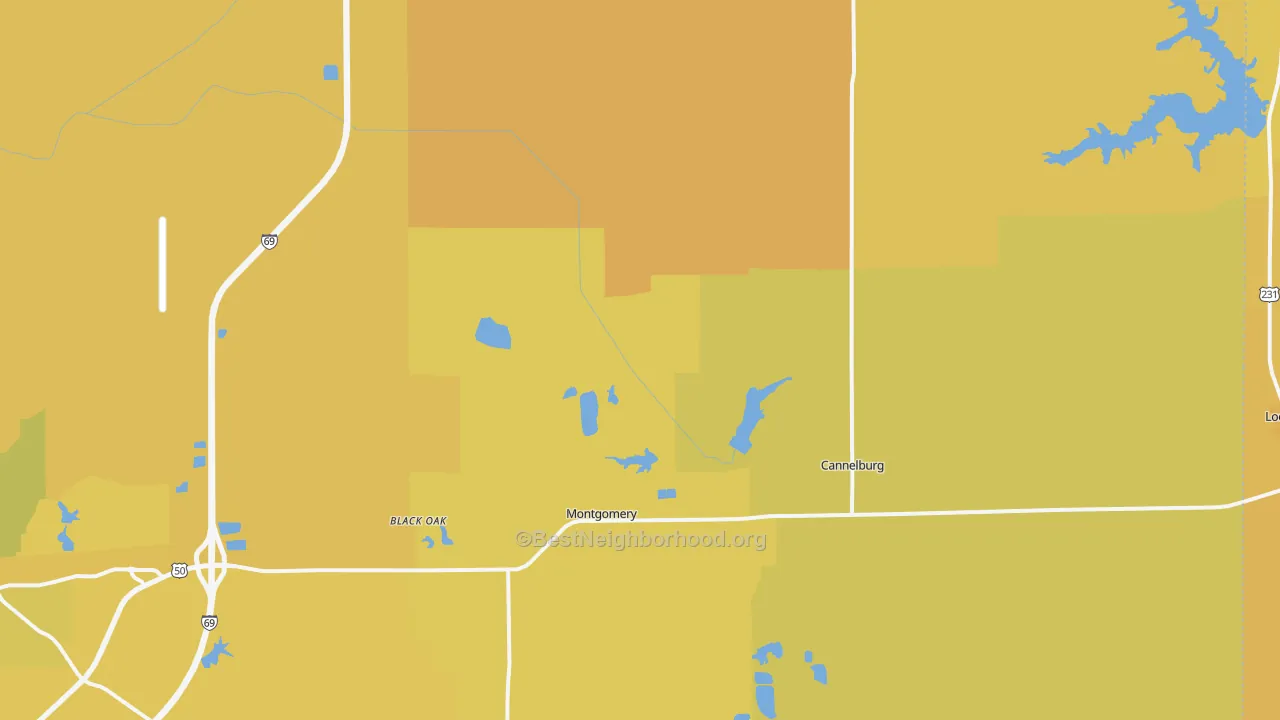 Map of the best neighborhoods in the 47558 area, with better matches in green and worse matches in red