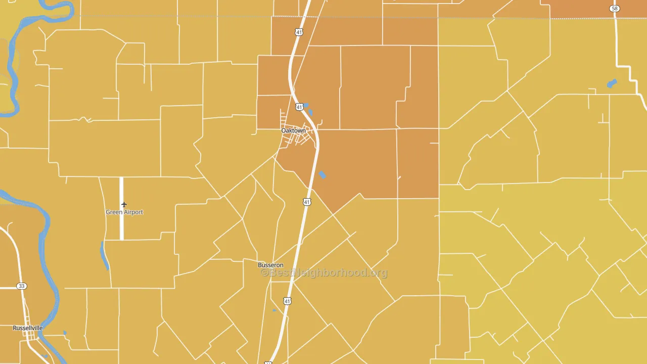Map of the best neighborhoods in the 47561 area, with better matches in green and worse matches in red
