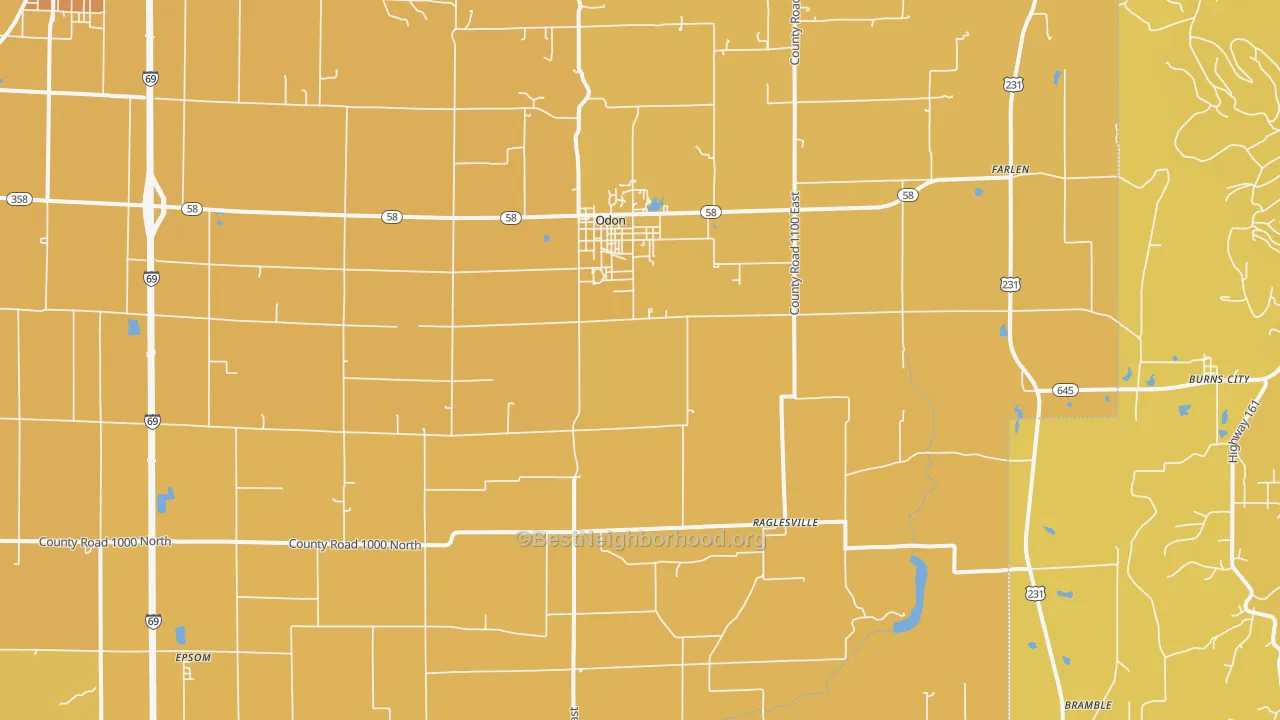 Map of the best neighborhoods in the 47562 area, with better matches in green and worse matches in red