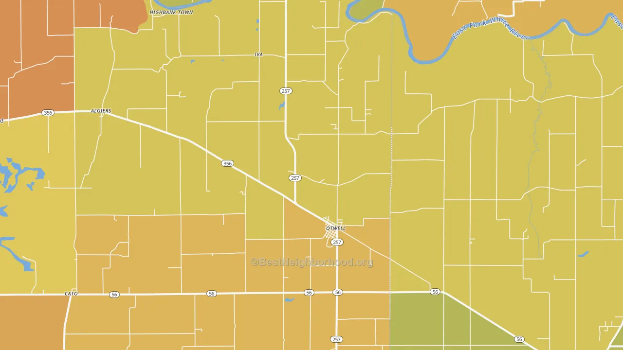 Map of the best neighborhoods in the 47564 area, with better matches in green and worse matches in red