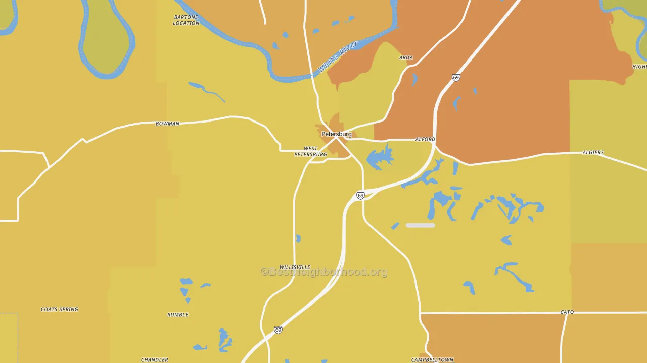 Map of the best neighborhoods in the 47567 area, with better matches in green and worse matches in red