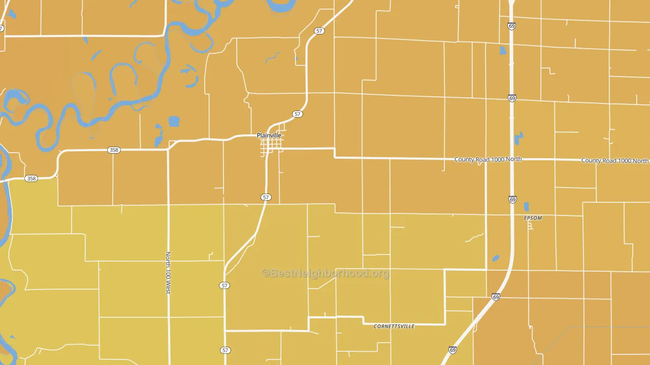 Map of the best neighborhoods in the 47568 area, with better matches in green and worse matches in red