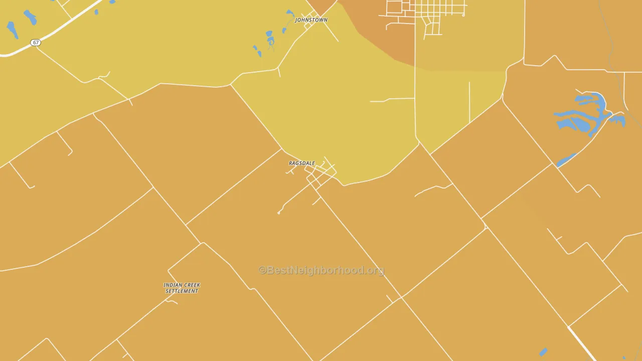 Map of the best neighborhoods in the 47573 area, with better matches in green and worse matches in red