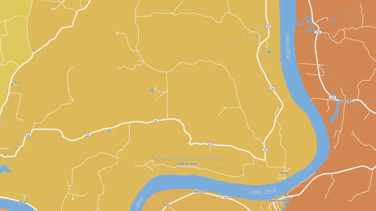 Map of the best neighborhoods in the 47574 area, with better matches in green and worse matches in red