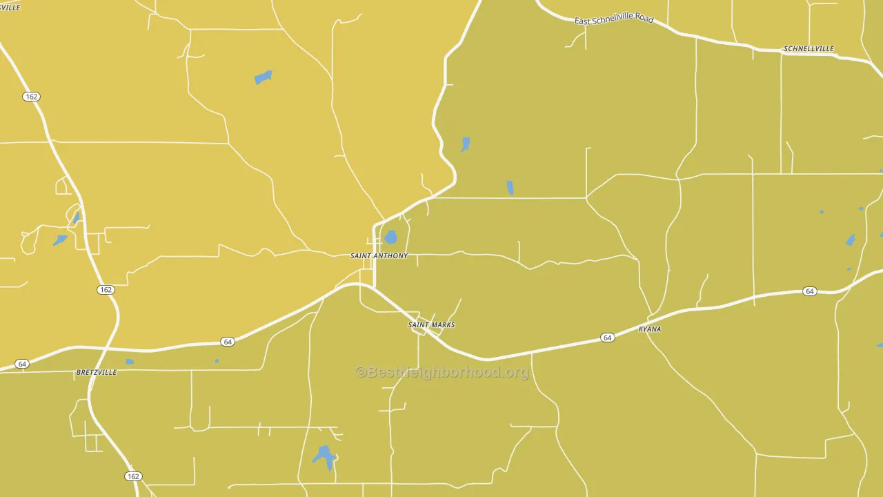 Map of the best neighborhoods in the 47575 area, with better matches in green and worse matches in red