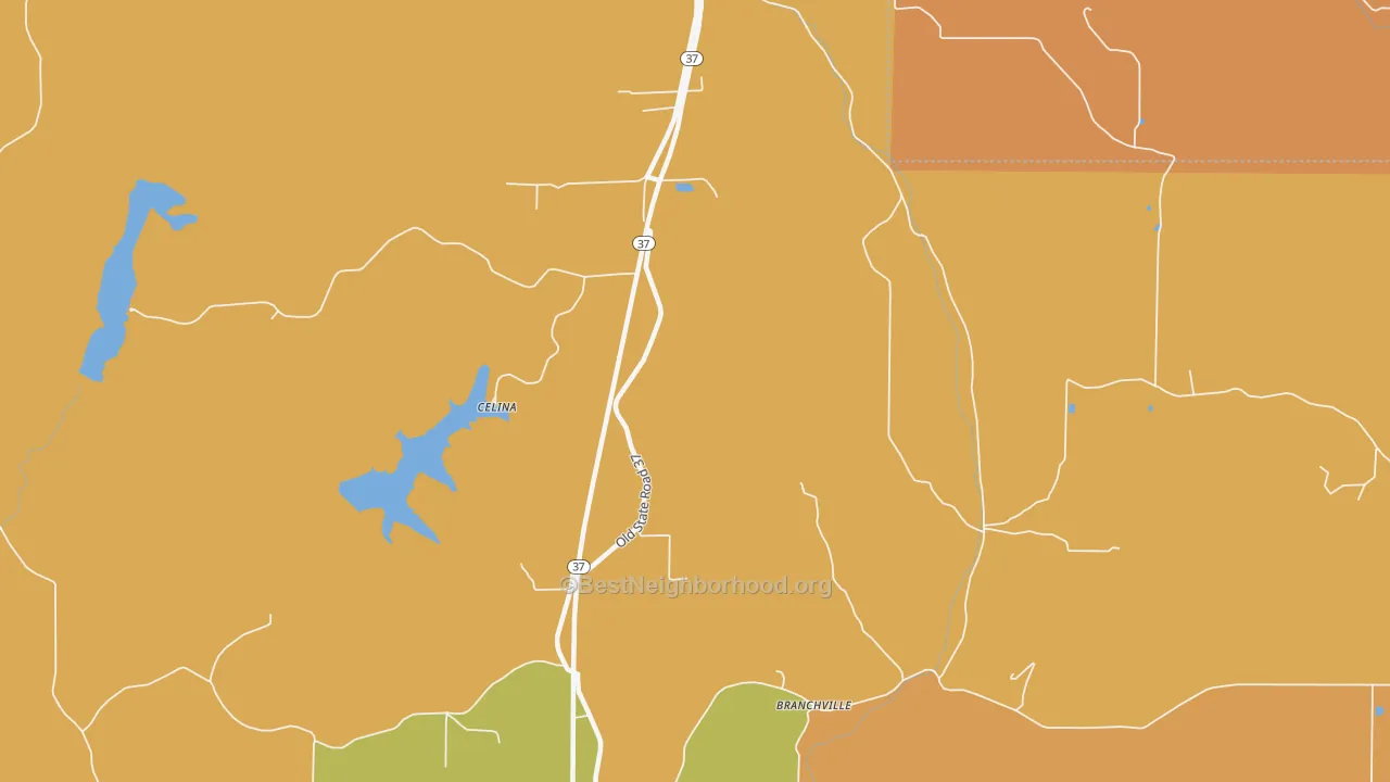 Map of the best neighborhoods in the 47576 area, with better matches in green and worse matches in red
