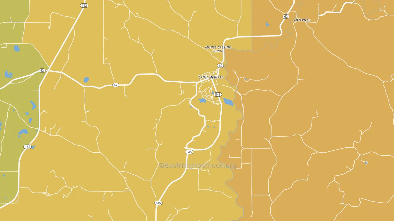 Map of the best neighborhoods in the 47577 area, with better matches in green and worse matches in red