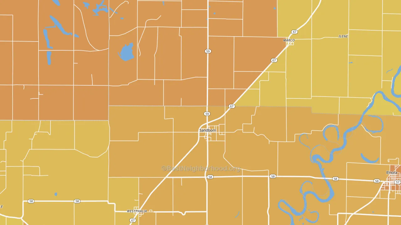 Map of the best neighborhoods in the 47578 area, with better matches in green and worse matches in red