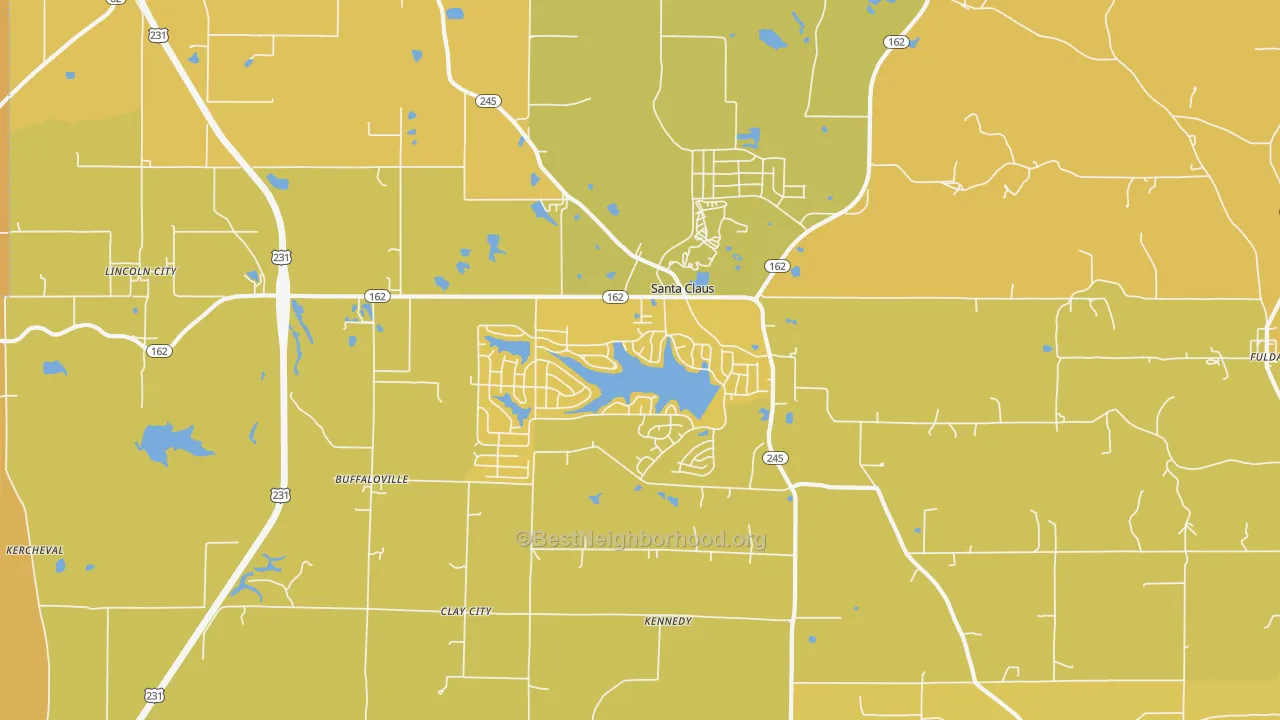 Map of the best neighborhoods in the 47579 area, with better matches in green and worse matches in red
