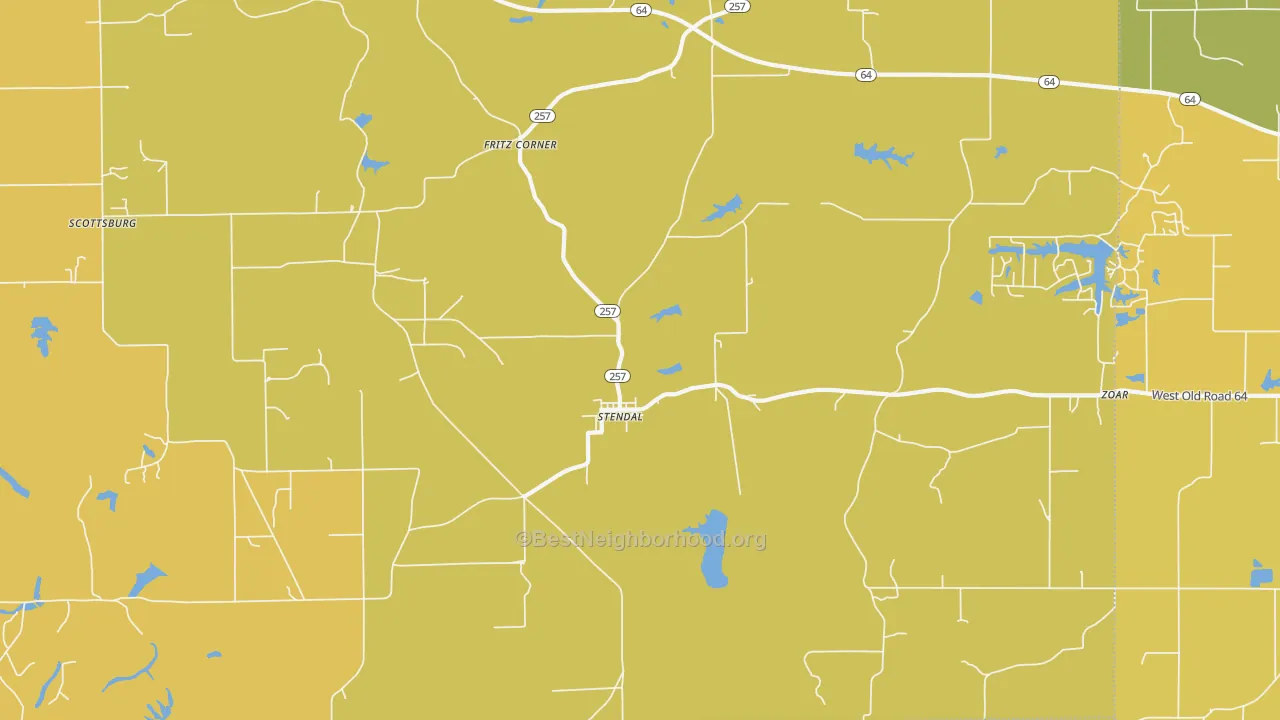 Map of the best neighborhoods in the 47585 area, with better matches in green and worse matches in red