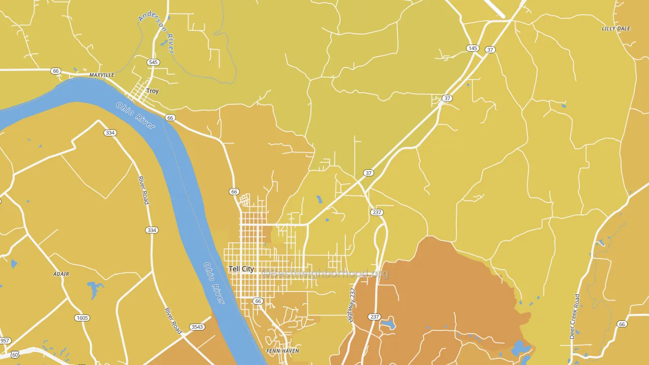 Map of the best neighborhoods in the 47586 area, with better matches in green and worse matches in red