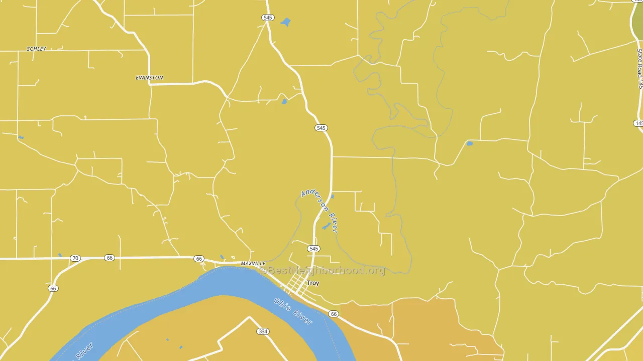 Map of the best neighborhoods in the 47588 area, with better matches in green and worse matches in red