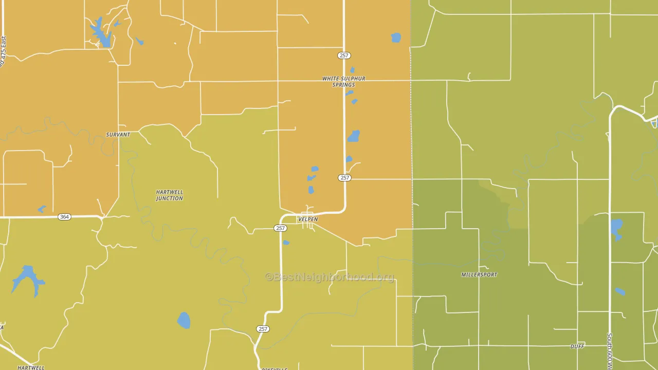 Map of the best neighborhoods in the 47590 area, with better matches in green and worse matches in red