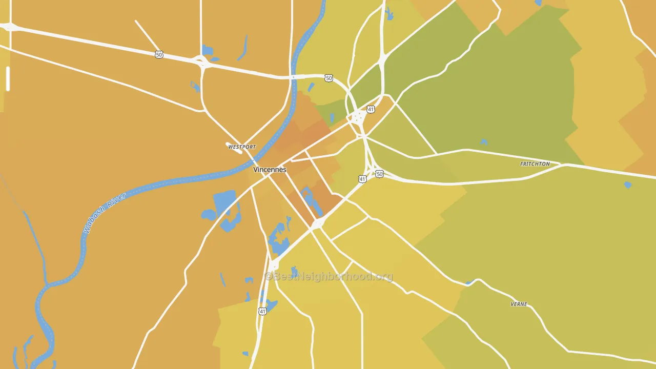 Map of the best neighborhoods in the 47591 area, with better matches in green and worse matches in red
