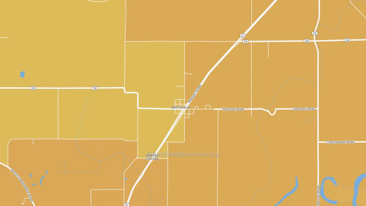 Map of the best neighborhoods in the 47596 area, with better matches in green and worse matches in red