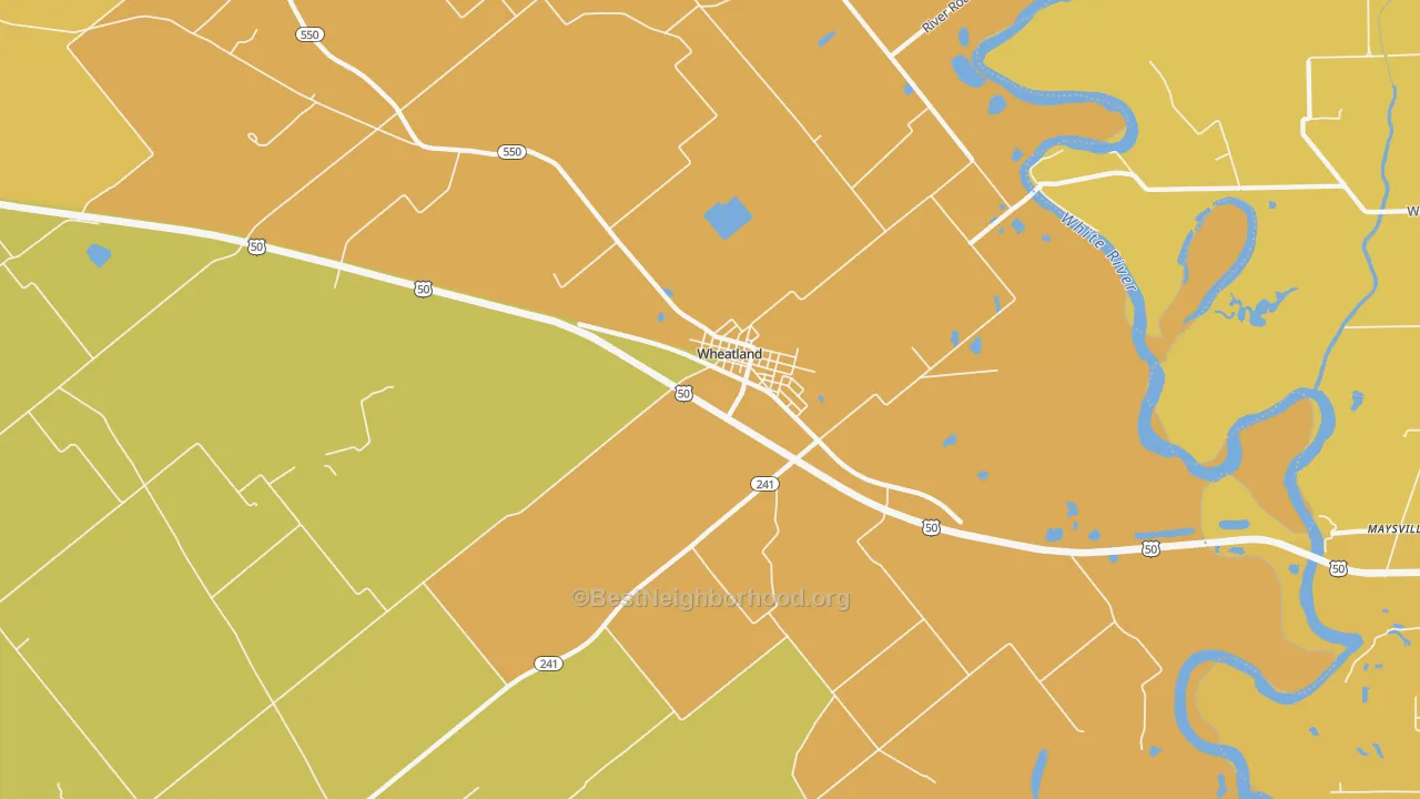 Map of the best neighborhoods in the 47597 area, with better matches in green and worse matches in red