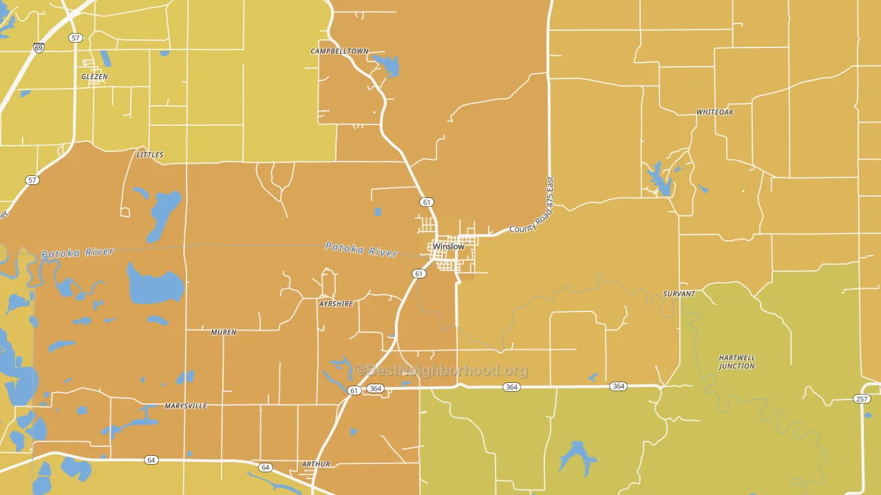 Map of the best neighborhoods in the 47598 area, with better matches in green and worse matches in red