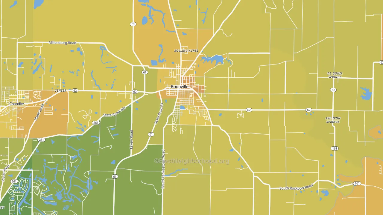 Map of the best neighborhoods in the 47601 area, with better matches in green and worse matches in red
