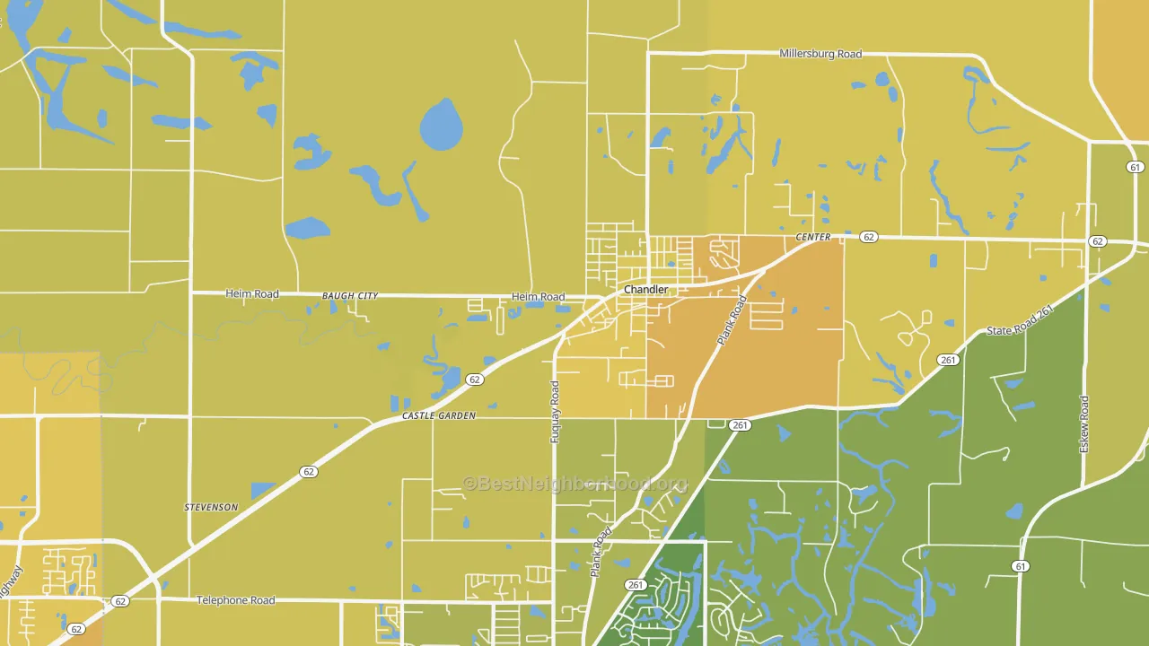 Map of the best neighborhoods in the 47610 area, with better matches in green and worse matches in red