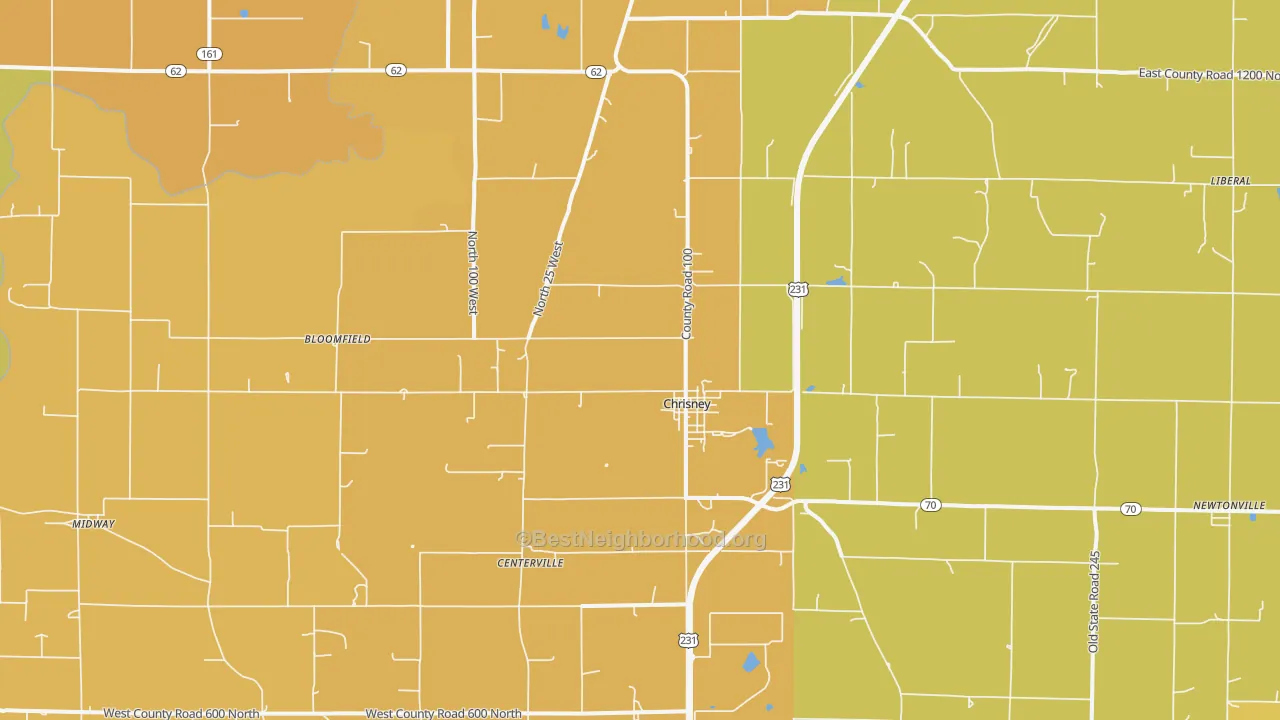 Map of the best neighborhoods in the 47611 area, with better matches in green and worse matches in red