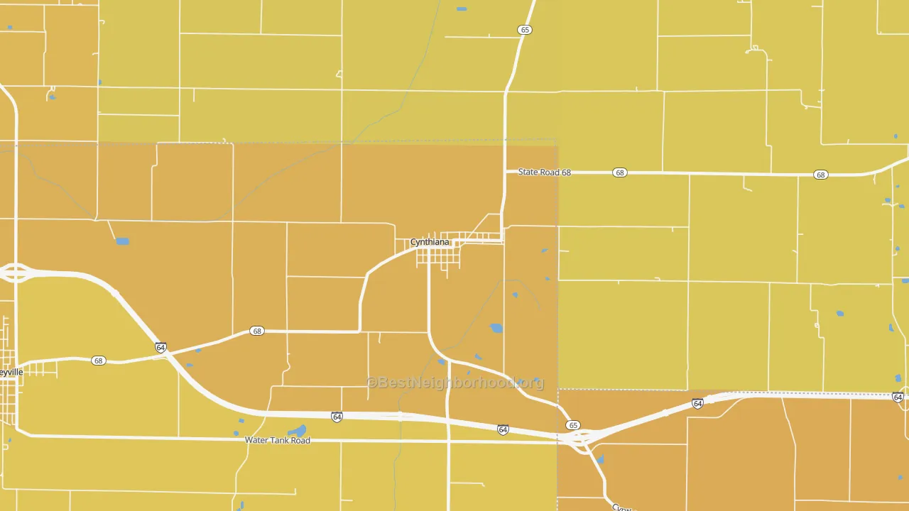 Map of the best neighborhoods in the 47612 area, with better matches in green and worse matches in red