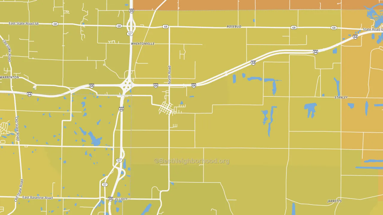 Map of the best neighborhoods in the 47613 area, with better matches in green and worse matches in red