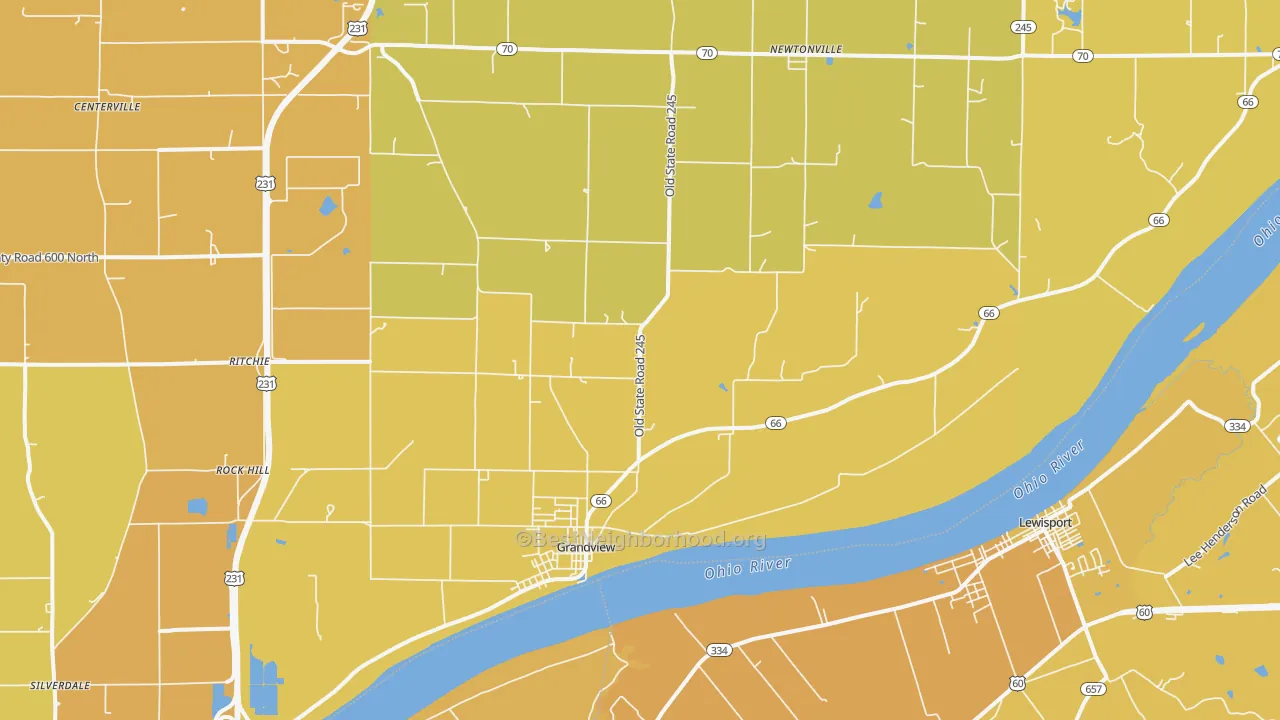 Map of the best neighborhoods in the 47615 area, with better matches in green and worse matches in red
