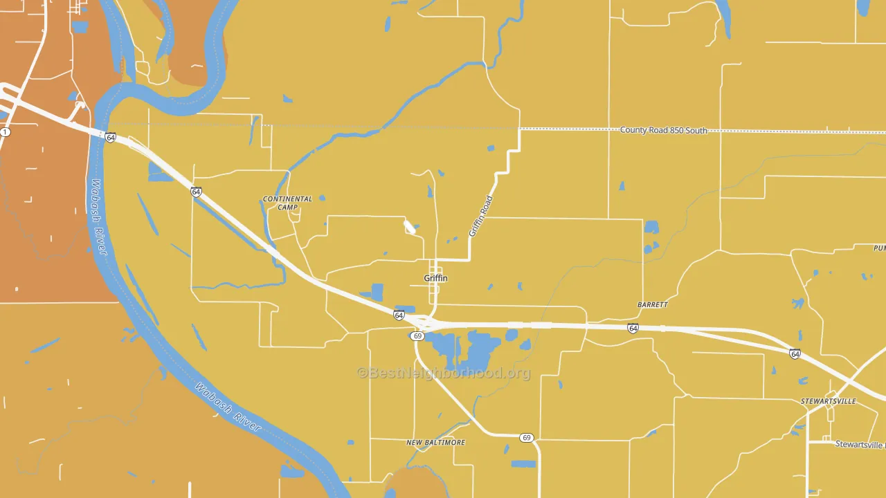 Map of the best neighborhoods in the 47616 area, with better matches in green and worse matches in red