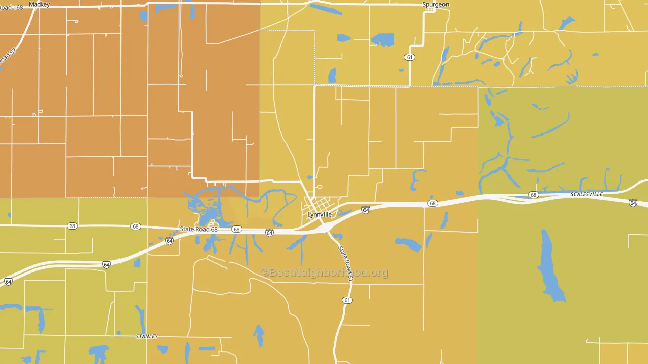 Map of the best neighborhoods in the 47619 area, with better matches in green and worse matches in red