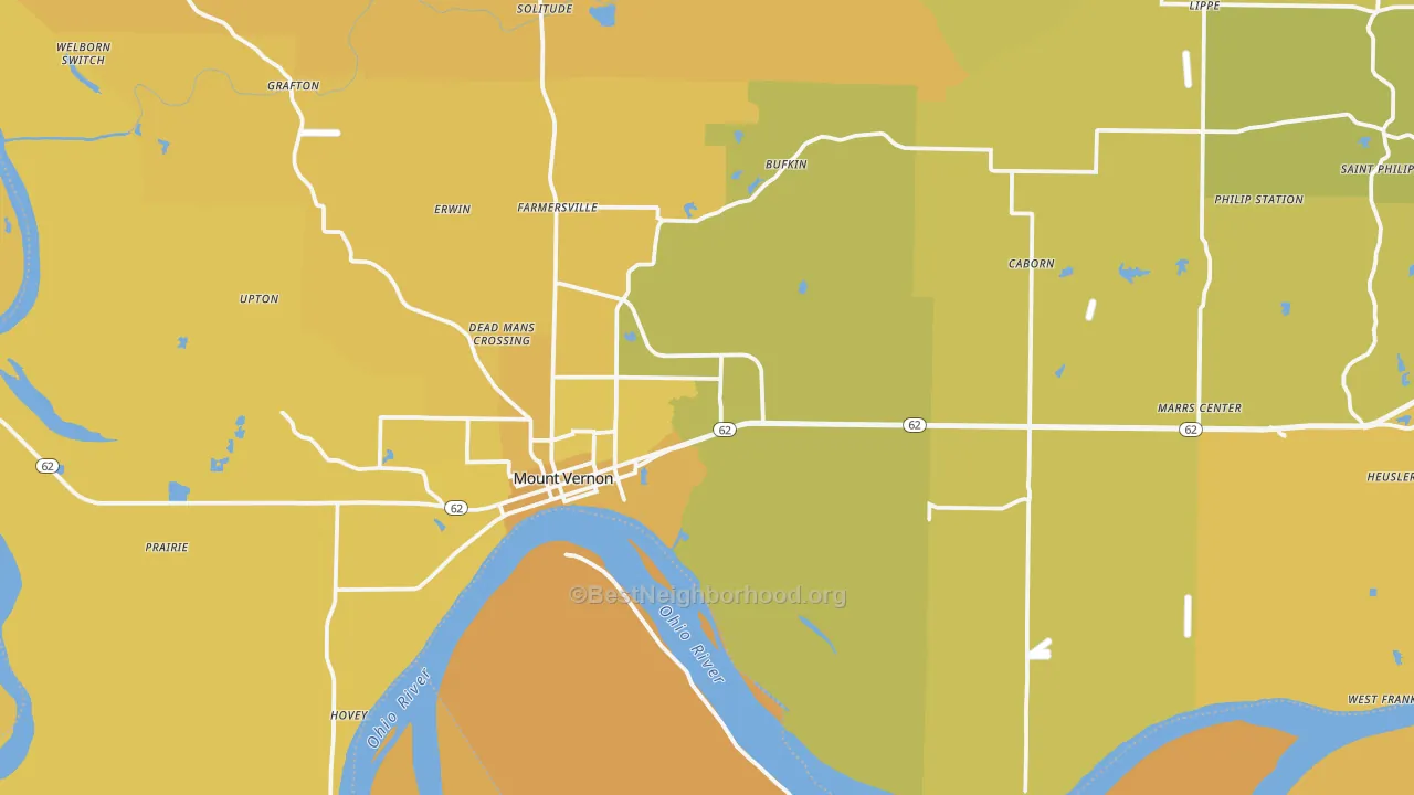 Map of the best neighborhoods in the 47620 area, with better matches in green and worse matches in red