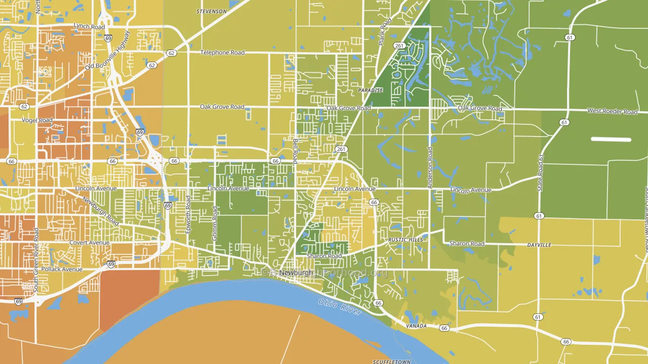 Map of the best neighborhoods in the 47630 area, with better matches in green and worse matches in red
