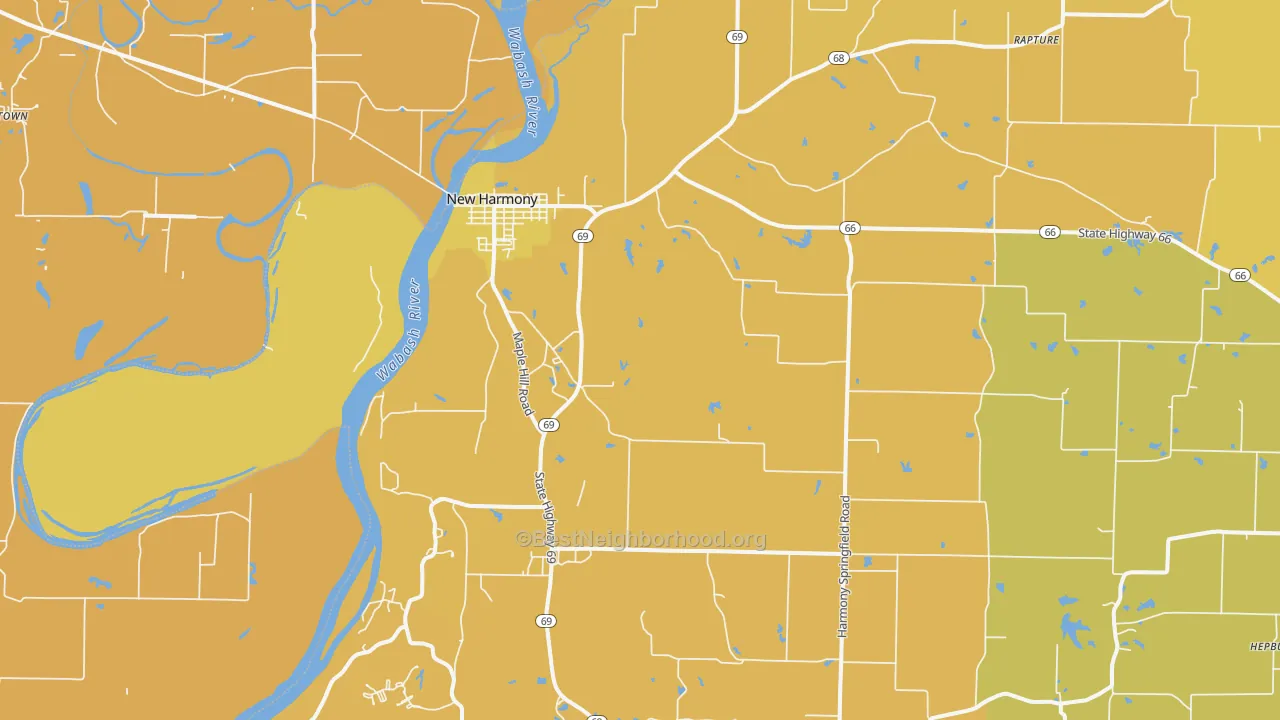 Map of the best neighborhoods in the 47631 area, with better matches in green and worse matches in red