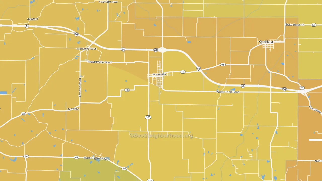 Map of the best neighborhoods in the 47633 area, with better matches in green and worse matches in red