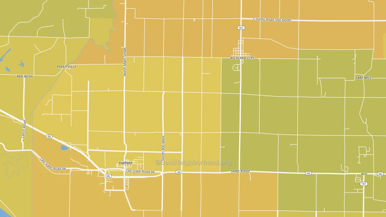 Map of the best neighborhoods in the 47634 area, with better matches in green and worse matches in red