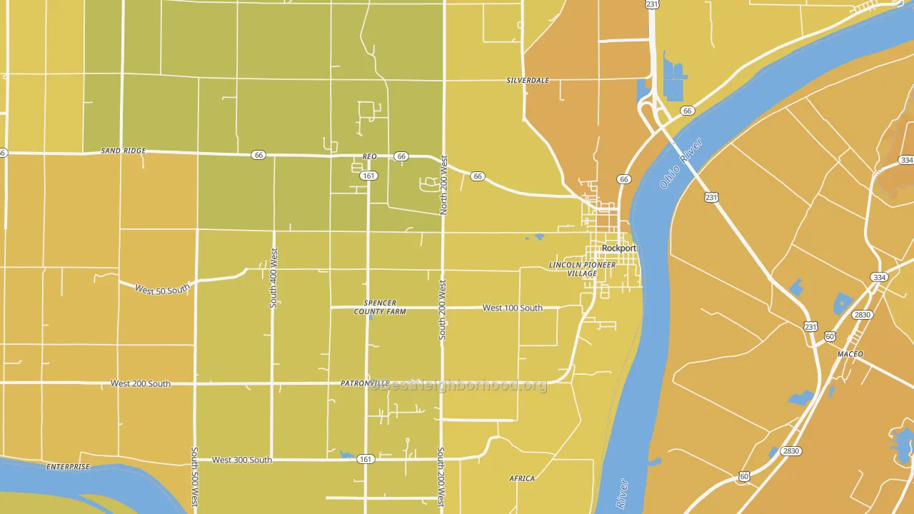Map of the best neighborhoods in the 47635 area, with better matches in green and worse matches in red