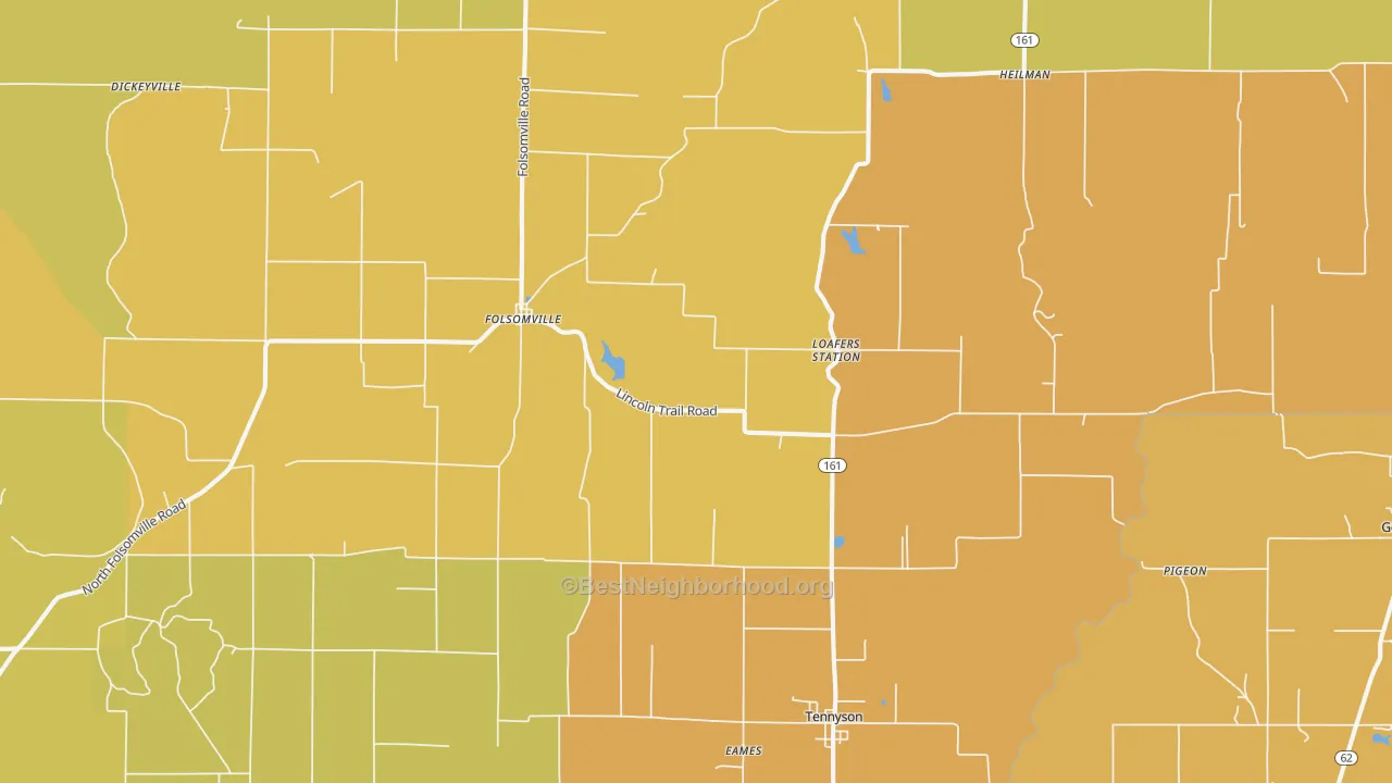 Map of the best neighborhoods in the 47637 area, with better matches in green and worse matches in red