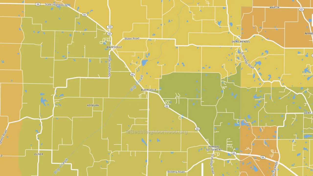 Map of the best neighborhoods in the 47638 area, with better matches in green and worse matches in red