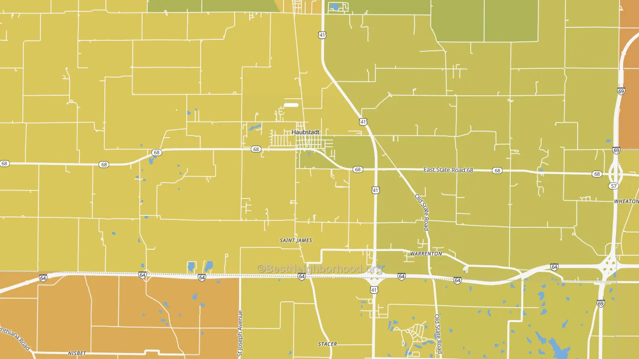 Map of the best neighborhoods in the 47639 area, with better matches in green and worse matches in red