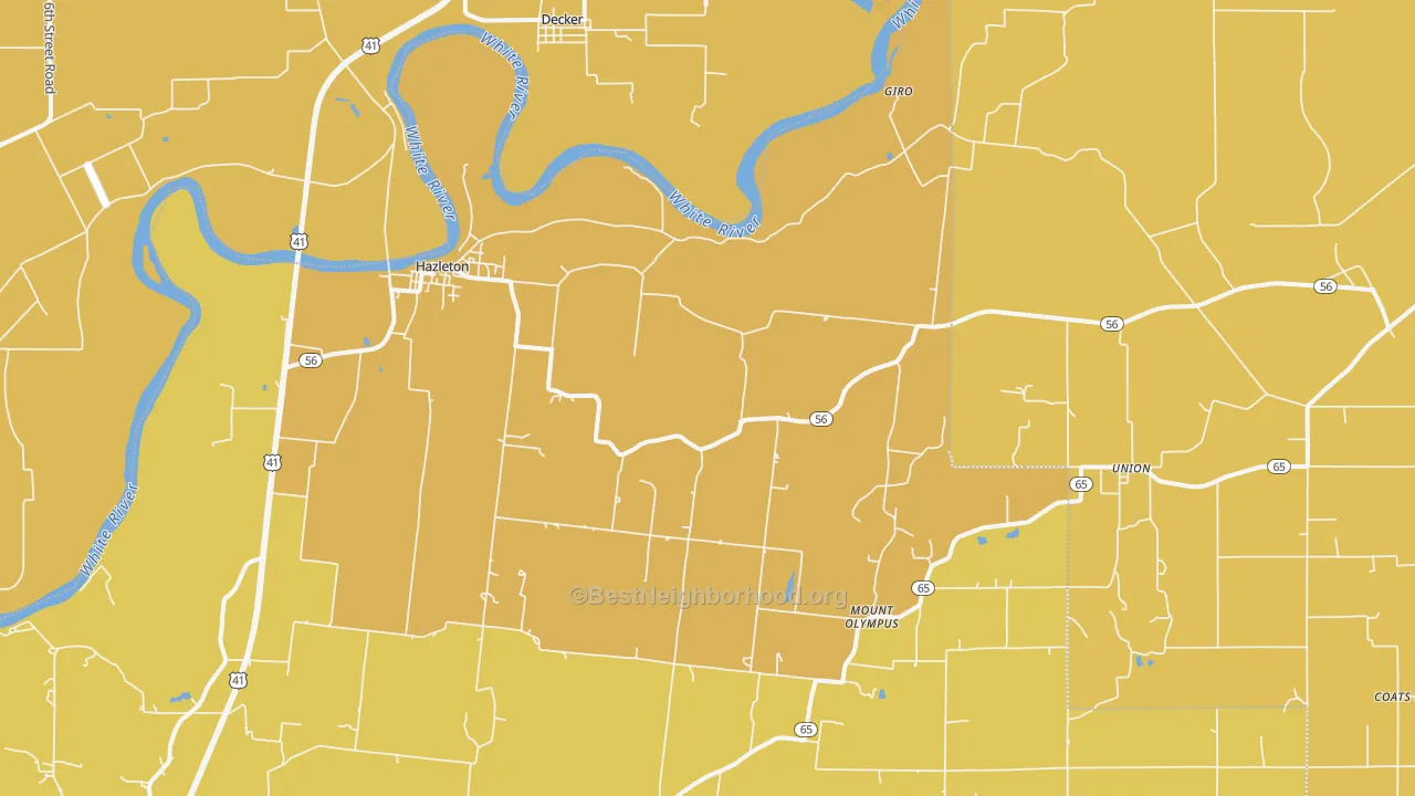 Map of the best neighborhoods in the 47640 area, with better matches in green and worse matches in red