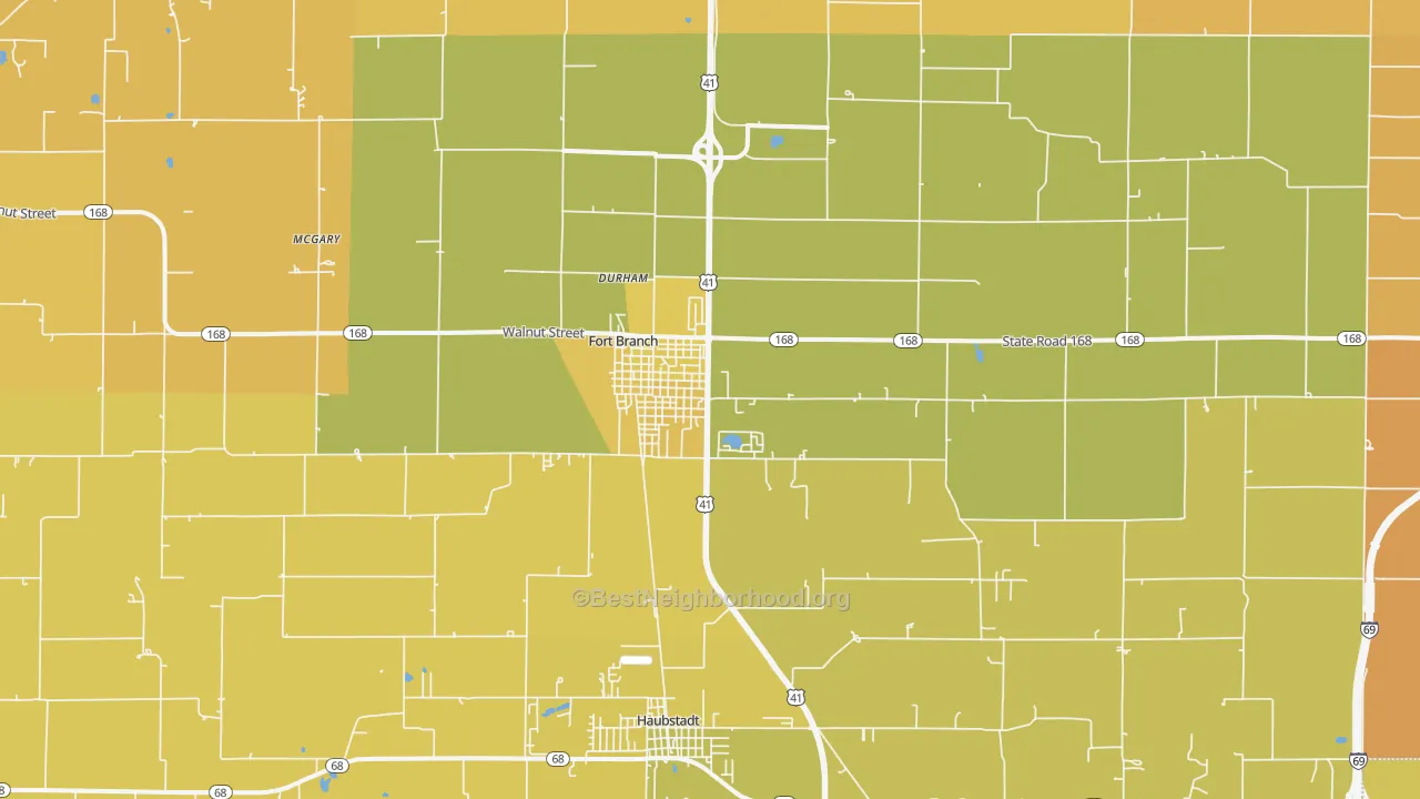 Map of the best neighborhoods in the 47648 area, with better matches in green and worse matches in red