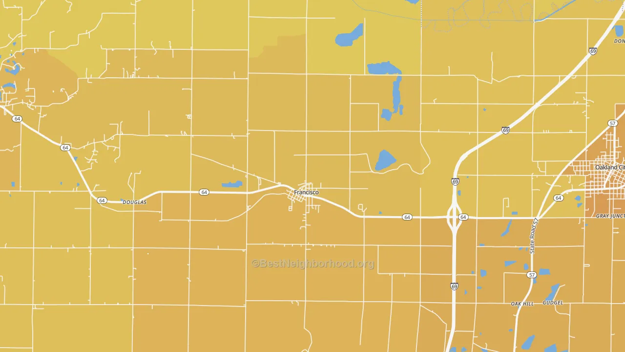 Map of the best neighborhoods in the 47649 area, with better matches in green and worse matches in red