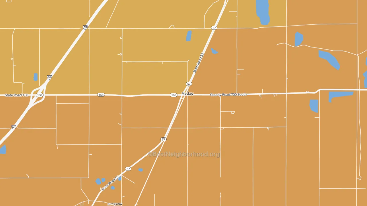 Map of the best neighborhoods in the 47654 area, with better matches in green and worse matches in red