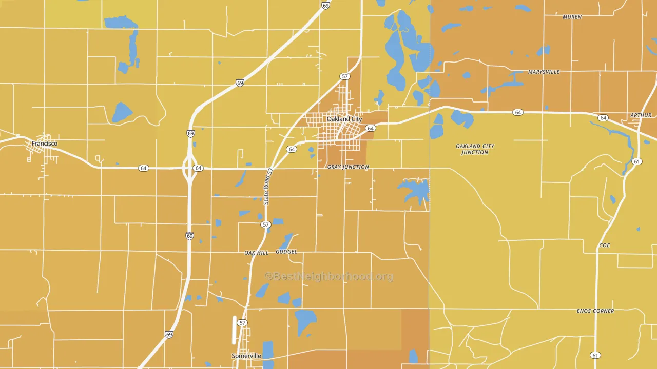 Map of the best neighborhoods in the 47660 area, with better matches in green and worse matches in red