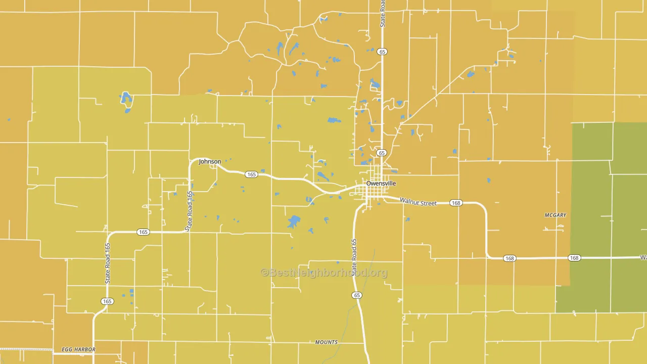 Map of the best neighborhoods in the 47665 area, with better matches in green and worse matches in red