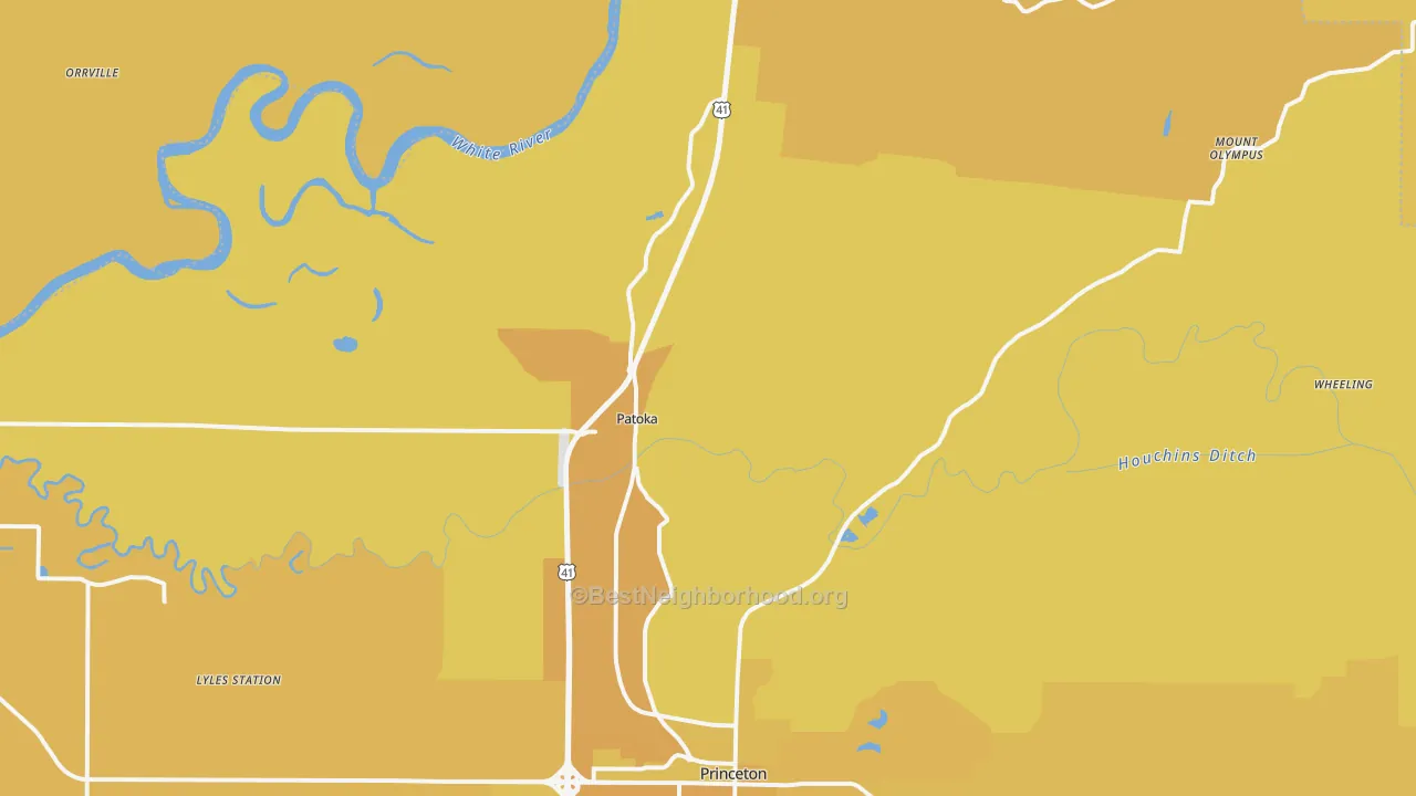 Map of the best neighborhoods in the 47666 area, with better matches in green and worse matches in red