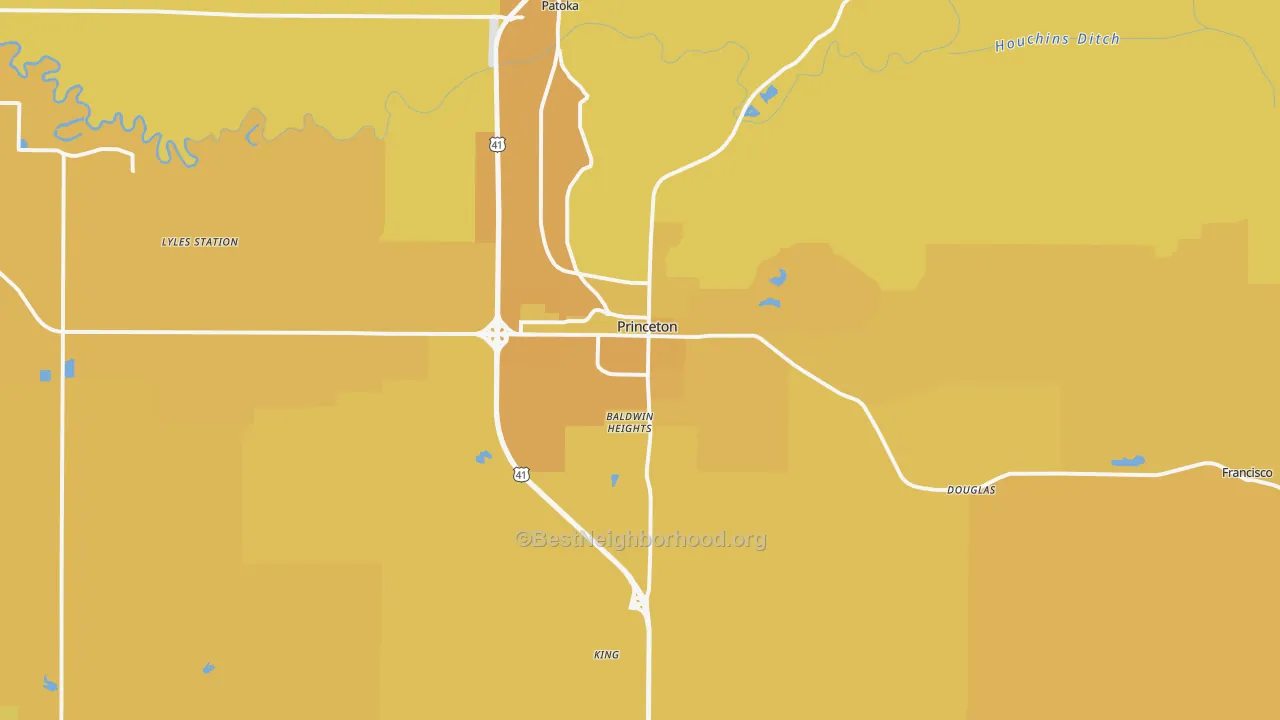 Map of the best neighborhoods in the 47670 area, with better matches in green and worse matches in red