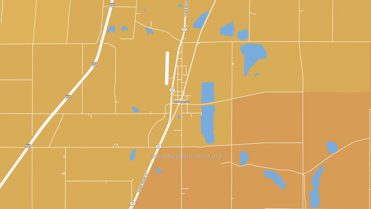 Map of the best neighborhoods in the 47683 area, with better matches in green and worse matches in red